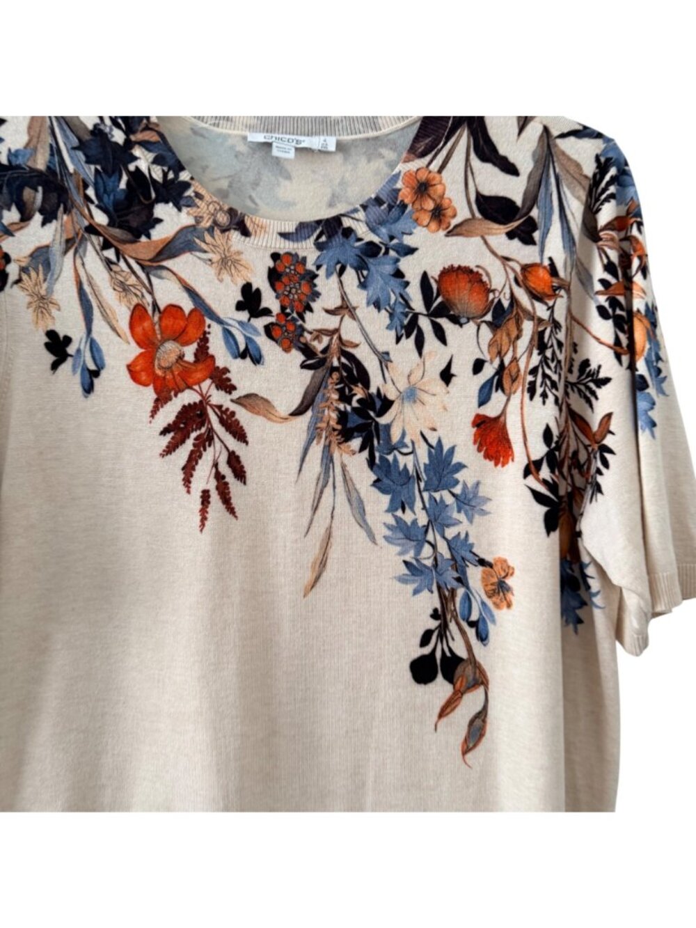 Chicos sweater Sz XXL Floral Print Lightweight Beige Sweater Short Sleeve Rayon - Picture 6 of 12